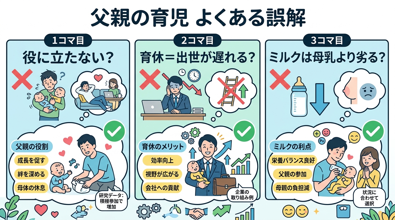 「父親の育児に関するよくある誤解」をテーマにした3コマ漫画調のイラスト。1コマ目「役に立たないのでは？」、2コマ目「育休＝出世が遅れる？」、3コマ目「ミルクは母...