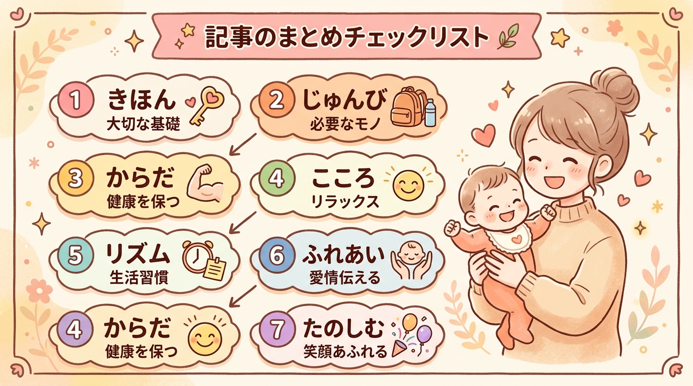 記事のまとめを7項目の番号付きリストで表した、チェックリスト形式のかわいいまとめイラスト。暖色系のやさしい色合いで、ママと赤ちゃんのイラストを添えた一覧図解。画...