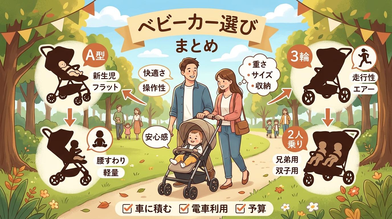 ベビーカー選びのまとめ画像。家族3人（パパ・ママ・赤ちゃん）がベビーカーで公園を散歩している笑顔のシーン。様々なタイプのベビーカーのシルエットを背景に配置した温...