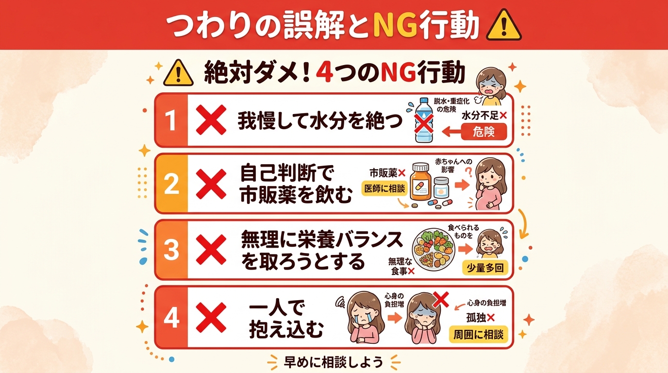 つわりに関するよくある誤解とng行動をまとめた×印付きリストインフォグラフィック。「我慢して水分を絶つ」「自己判断で市販薬を飲む」「無理に栄養バランスを取ろうと...