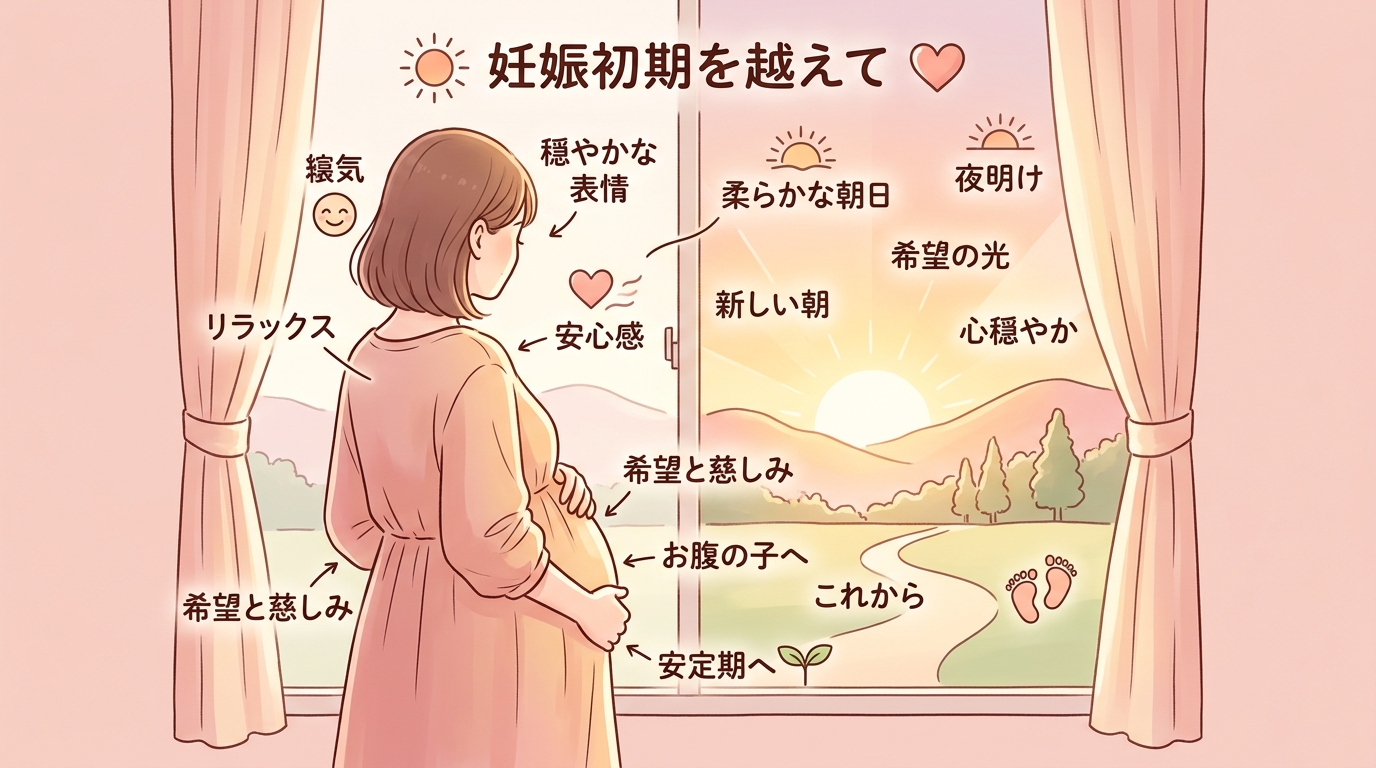 妊娠初期を乗り越えて穏やかな表情で窓辺に立つプレママの後ろ姿。お腹に手を添え、外の柔らかな朝日を見つめている希望と安心感のある構図。淡いピンクとオレンジのグラデ...