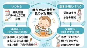 赤ちゃんの麦茶はいつから？夏の水分補給の目安と月齢別の飲ませ方ガイド