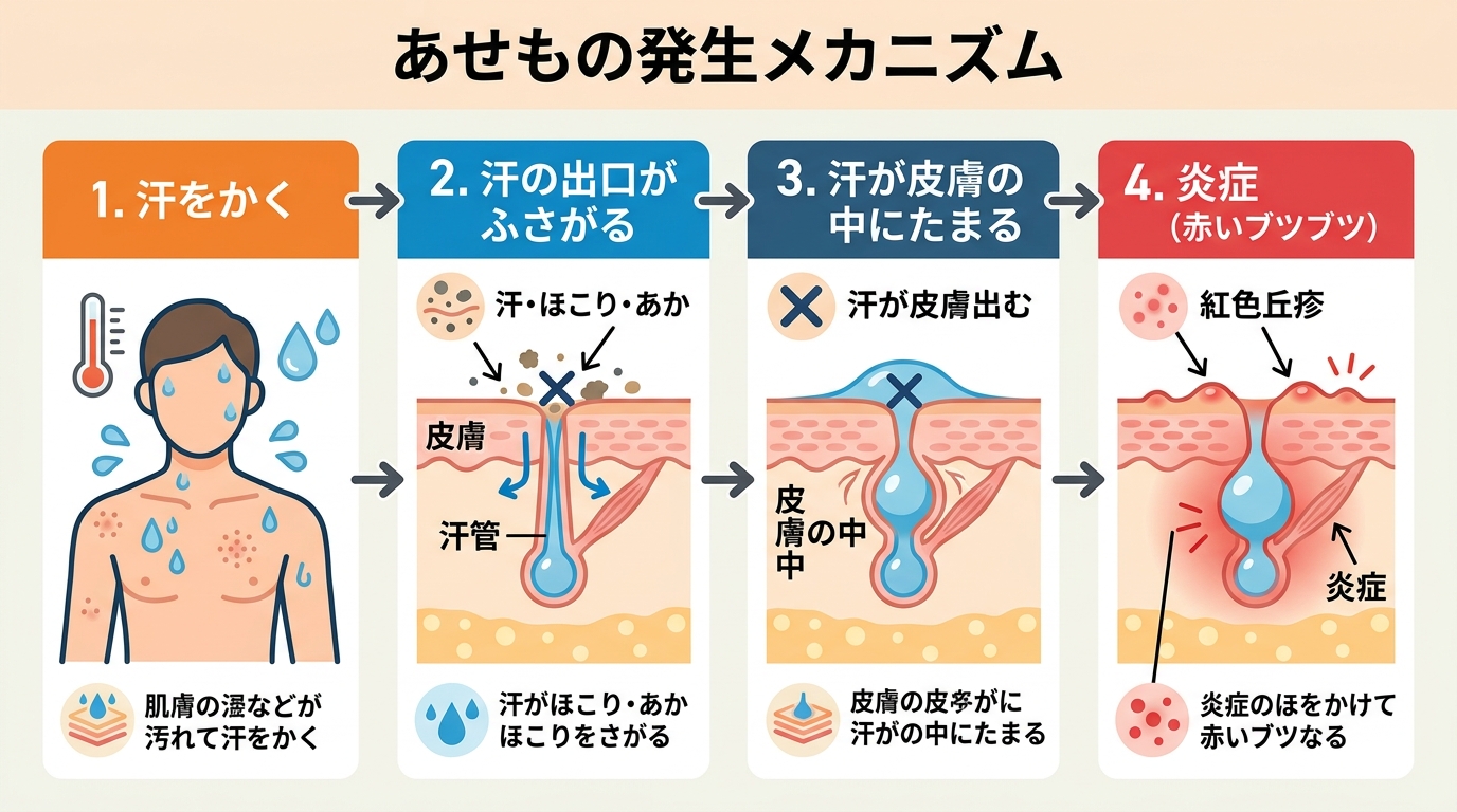 あせも（汗疹）の発生メカニズム図解。「汗をかく」→「汗の出口（汗管）が汗・ほこり・あかでふさがる」→「汗が皮膚の中にたまる」→「炎症（赤いブツブツ）」の4ステッ...