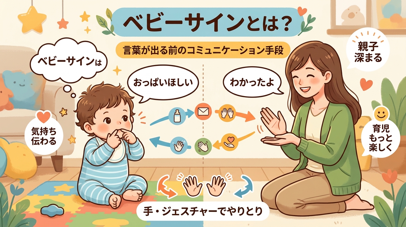 「ベビーサインとは」を説明する図解。中央に「言葉が出る前のコミュニケーション手段」という見出し、左に赤ちゃんの吹き出し「おっぱいほしい」、右にママの吹き出し「わ...