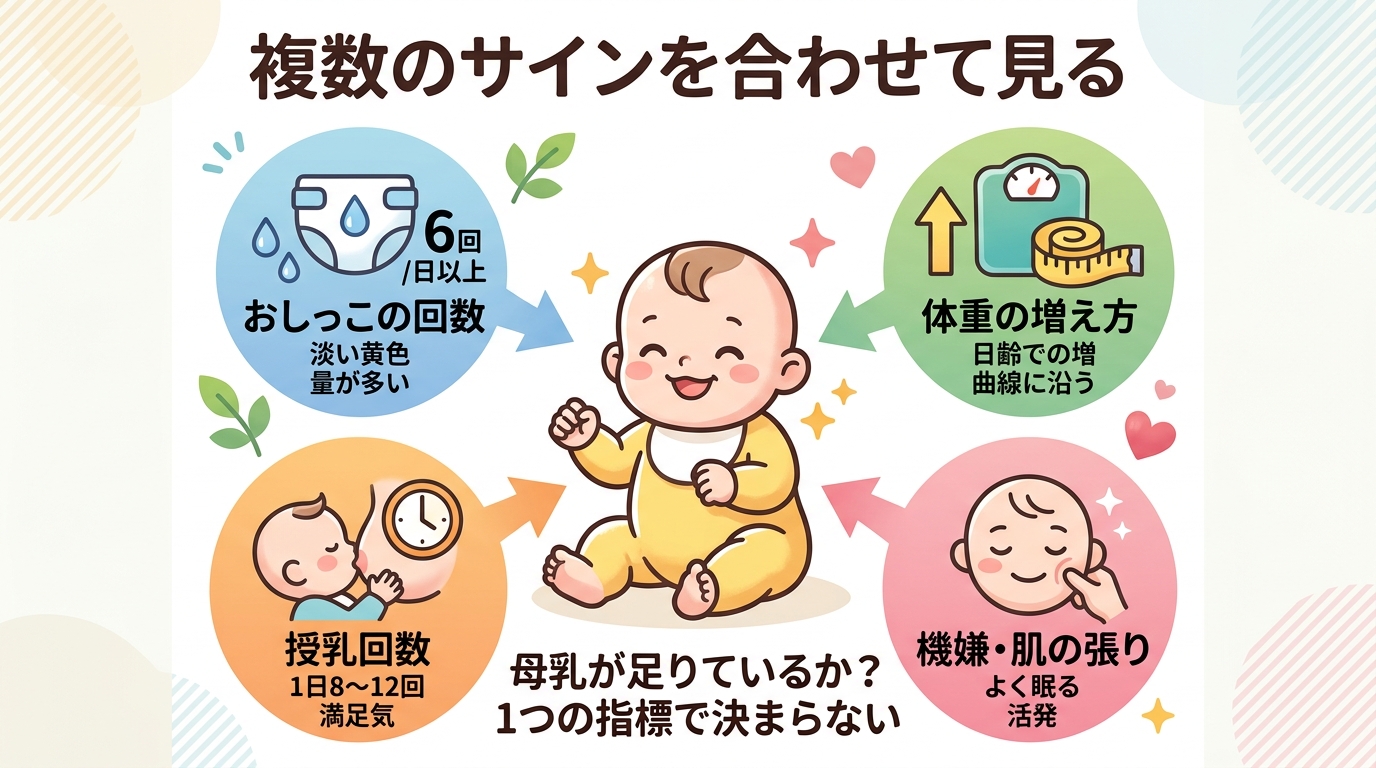 母乳が足りているかは1つの指標では決まらないことを示す概念図。中央に赤ちゃんのイラスト、周囲に「おしっこの回数」「体重の増え方」「授乳回数」「機嫌・肌の張り」の...