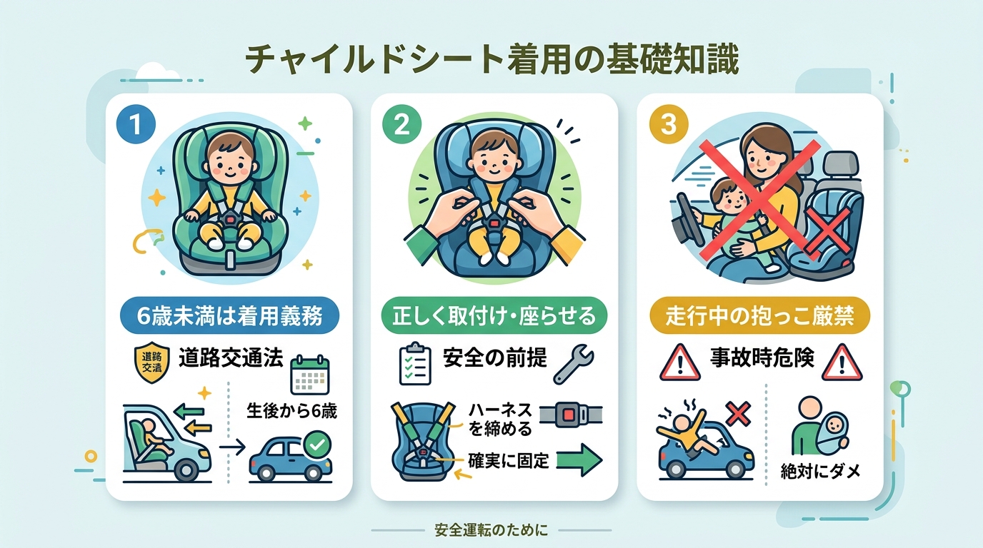 チャイルドシート着用の基礎情報カード。「6歳未満は着用が義務（道路交通法）」「正しく取り付け・正しく座らせることが安全の前提」「走行中の抱っこは厳禁」の3項目を...