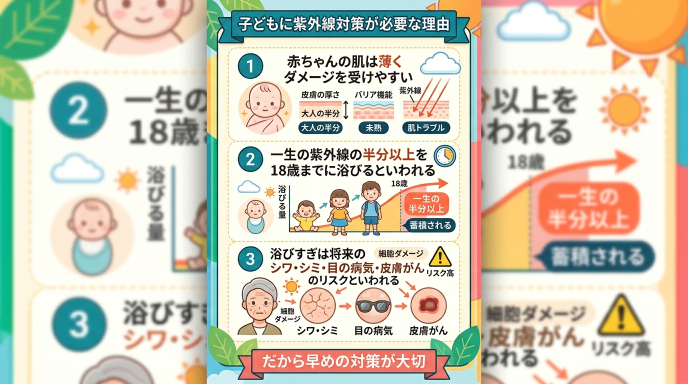 子どもに紫外線対策が必要な理由をまとめた縦型インフォグラフィック。上から「赤ちゃんの肌は薄くダメージを受けやすい」「一生の紫外線の半分以上を18歳までに浴びると...