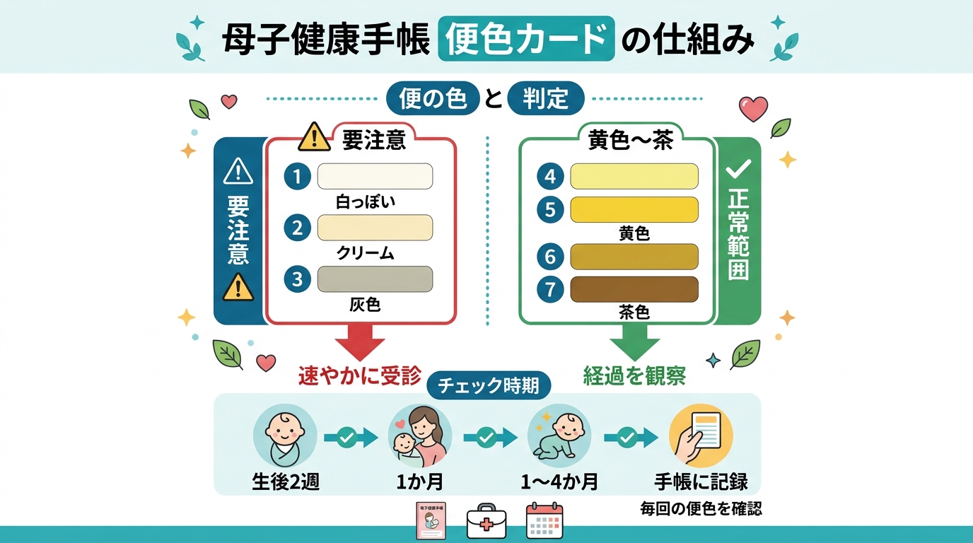 母子健康手帳の便色カードの仕組みを示す図。「カードの色番号1〜3＝白っぽい・クリーム色・灰色＝要注意」「番号4〜7＝黄色〜茶＝正常範囲」を色見本イメージで並べ、...