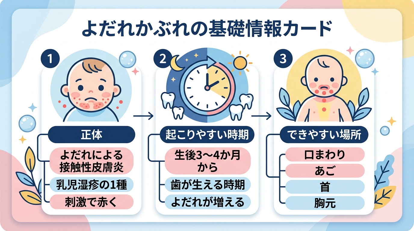 よだれかぶれの基礎情報カード。「正体：よだれによる接触性皮膚炎（乳児湿疹の一種）」「起こりやすい時期：生後3〜4か月〜歯が生える時期」「できやすい場所：口まわり...