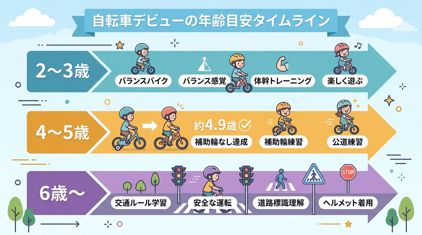 自転車デビューの年齢目安を示すタイムライン図。「2〜3歳：バランスバイクでバランス感覚」「4〜5歳：ペダル付き自転車に挑戦／平均約4.9歳で補助輪なし」「6歳〜...