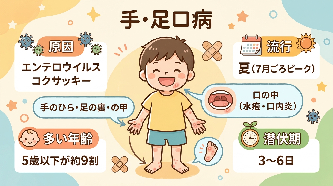 手足口病の基本まとめ図解。中央に子どものイラストを置き、「手のひら・足の裏・足の甲」「口の中（水疱・口内炎）」の発疹部位を吹き出しで示す。周囲に「原因：エンテロ...