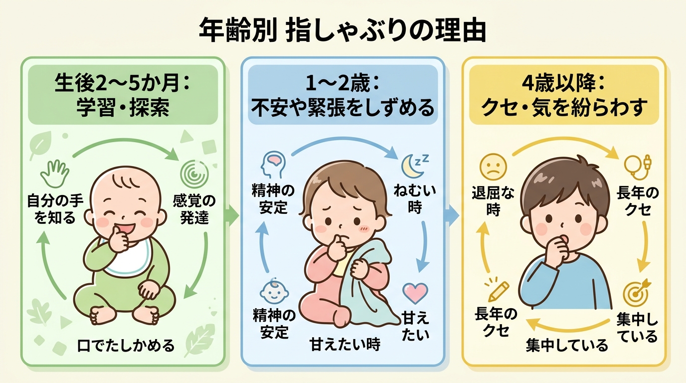 指しゃぶりをする理由を月齢・年齢別に整理したイラスト付き図解。「生後2〜5か月：学習・探索」「1〜2歳：不安や緊張をしずめる」「4歳以降：クセ・気を紛らわせる」...