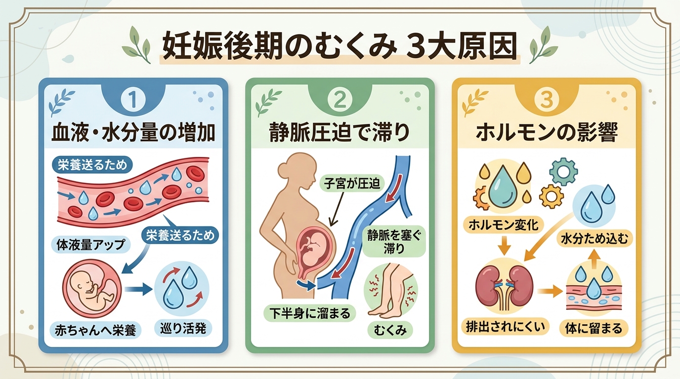 妊娠後期のむくみの3大原因を示すカード図。「①血液・水分量の増加（赤ちゃんに栄養を送るため）」「②大きな子宮が静脈を圧迫し、下半身に血液がたまりやすい」「③ホル...