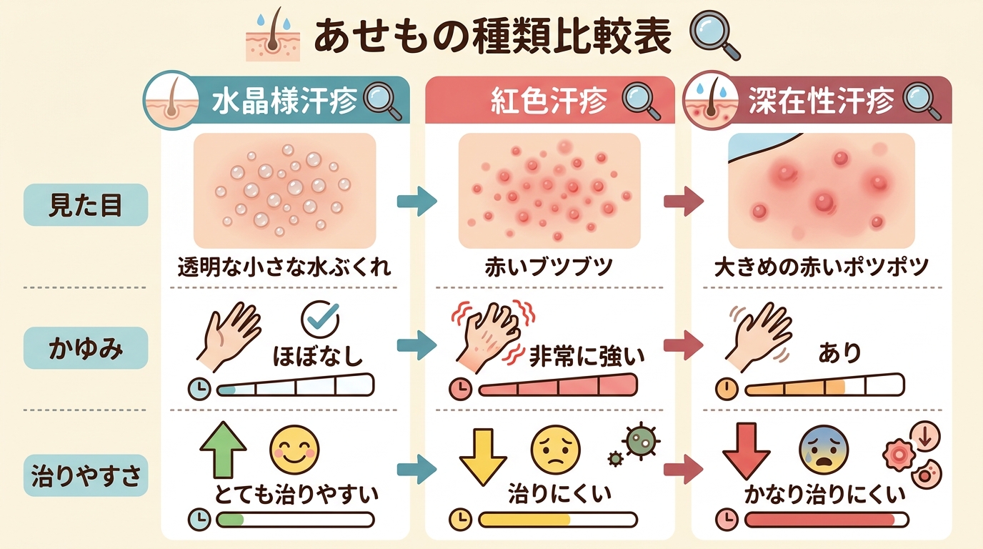 あせもの種類比較表イラスト。「水晶様汗疹」「紅色汗疹」「深在性汗疹」の3列を並べ、各列に「見た目」「かゆみ」「治りやすさ」のラベルを付ける。水晶様は透明な小さな...