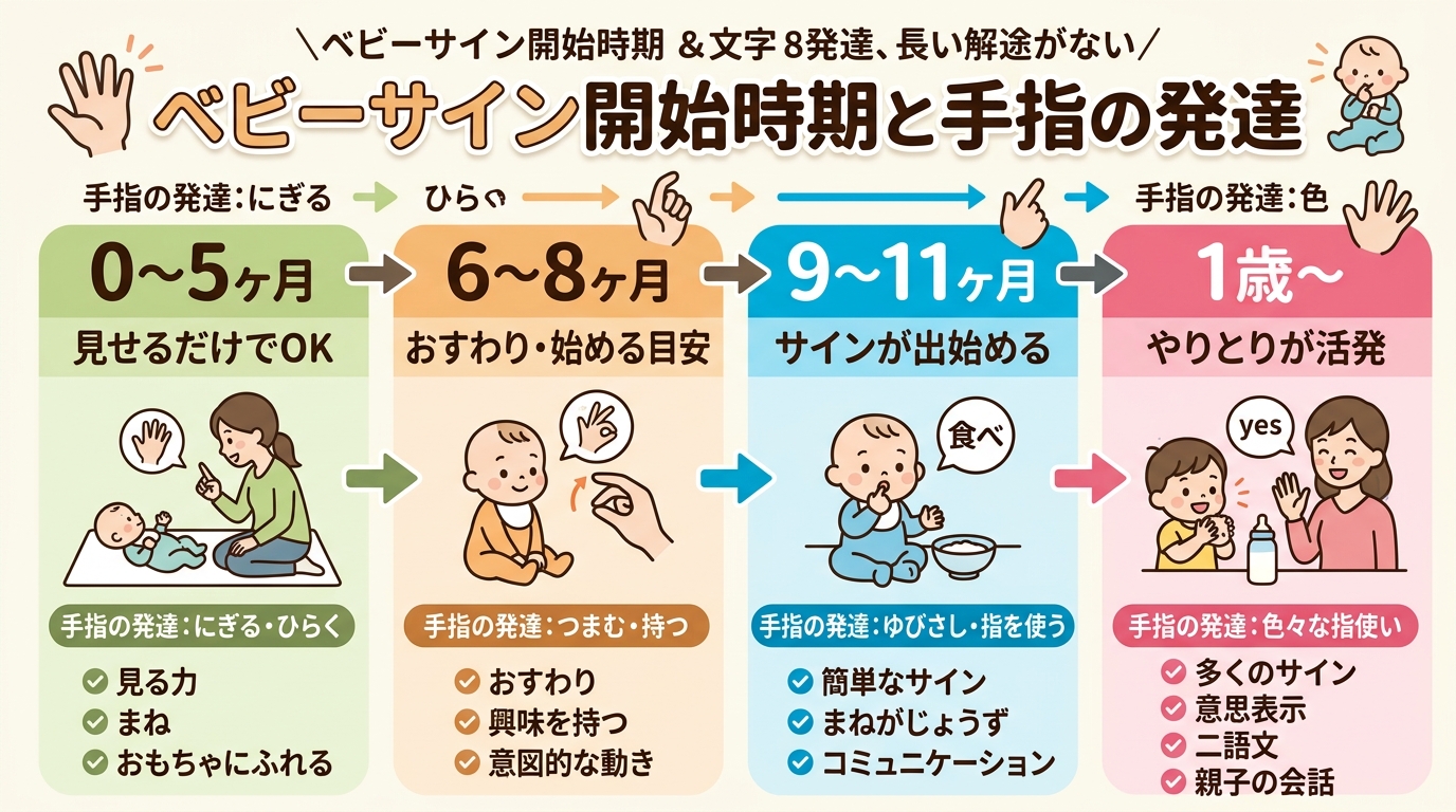 ベビーサインの開始時期と手指の発達を示す月齢別タイムライン。「0〜5ヶ月：見せるだけでok」→「6〜8ヶ月：おすわり・始める目安」→「9〜11ヶ月：サインが出始...