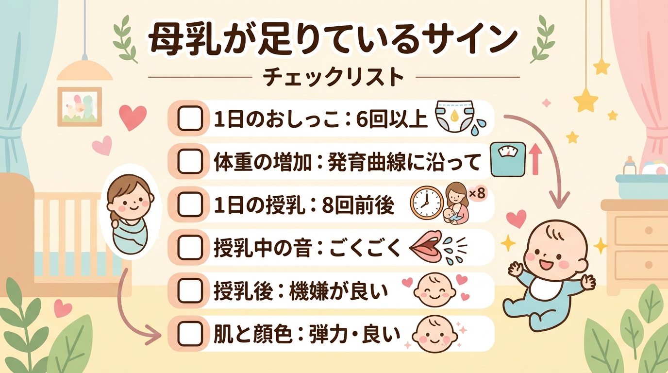 母乳が足りているサインのチェックリストイラスト。「おしっこが1日6回以上」「体重が発育曲線に沿って増えている」「授乳が1日8回前後ある」「授乳中ごくごく飲む音が...