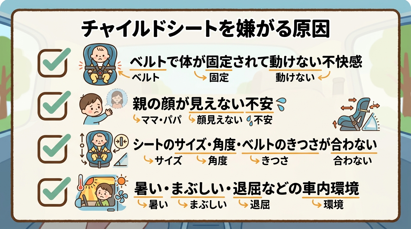 チャイルドシートを嫌がる原因チェックリスト図。「ベルトで体が固定されて動けない不快感」「親の顔が見えない不安」「シートのサイズ・角度・ベルトのきつさが合わない」...
