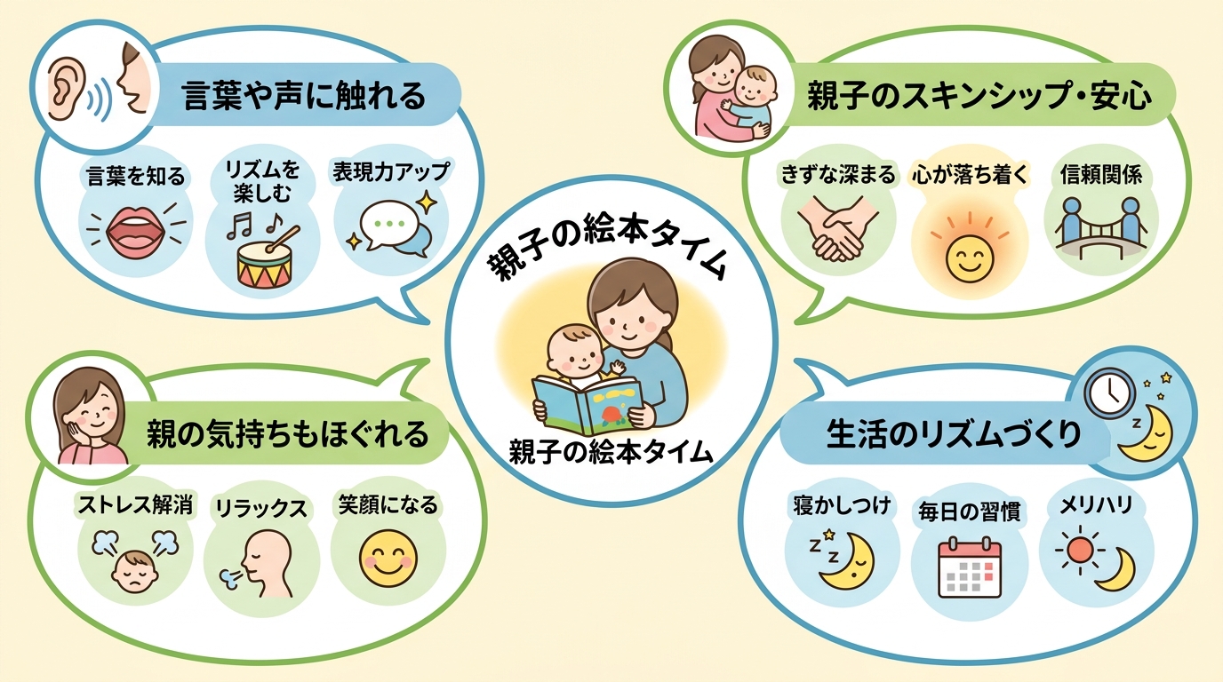読み聞かせの良い面を整理したやさしいインフォグラフィック。中央に「親子の絵本タイム」、周囲に「言葉や声に触れる」「親子のスキンシップ・安心」「生活のリズムづくり...