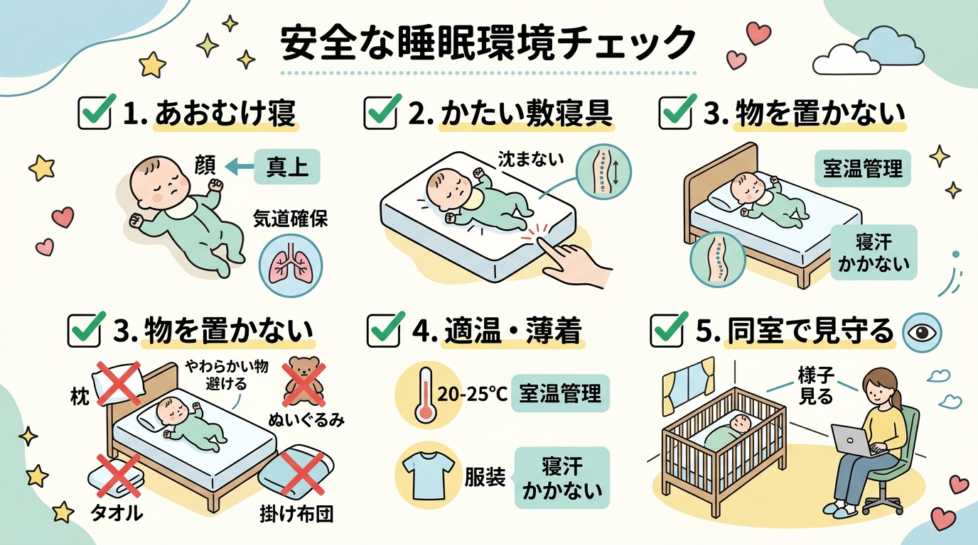 安全な睡眠環境のチェックリスト図。「あおむけで寝かせる」「かたい敷き寝具・顔まわりに物を置かない」「やわらかい枕やぬいぐるみは避ける」「適温・薄着」「同室で見守...