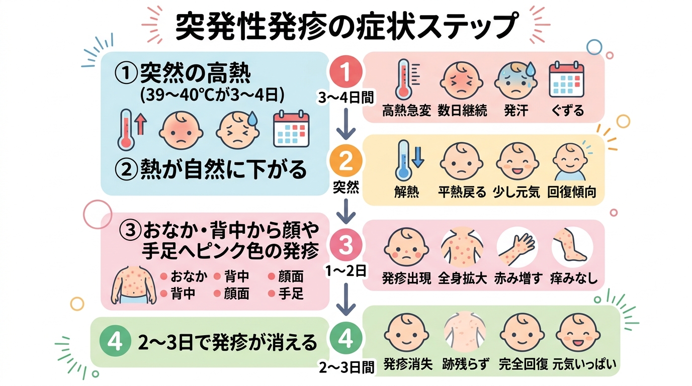 突発性発疹の症状ステップ図。「①突然の高熱（39〜40℃が3〜4日）」→「②熱が自然に下がる」→「③おなか・背中から顔や手足へピンク色の発疹」→「④2〜3日で発...