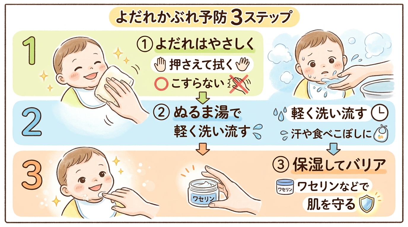 よだれかぶれ予防の3ステップ図。「①よだれはやさしく押さえて拭く（こすらない）」→「②ぬるま湯で軽く洗い流す場面も」→「③ワセリンなどで保湿してバリアを作る」の...