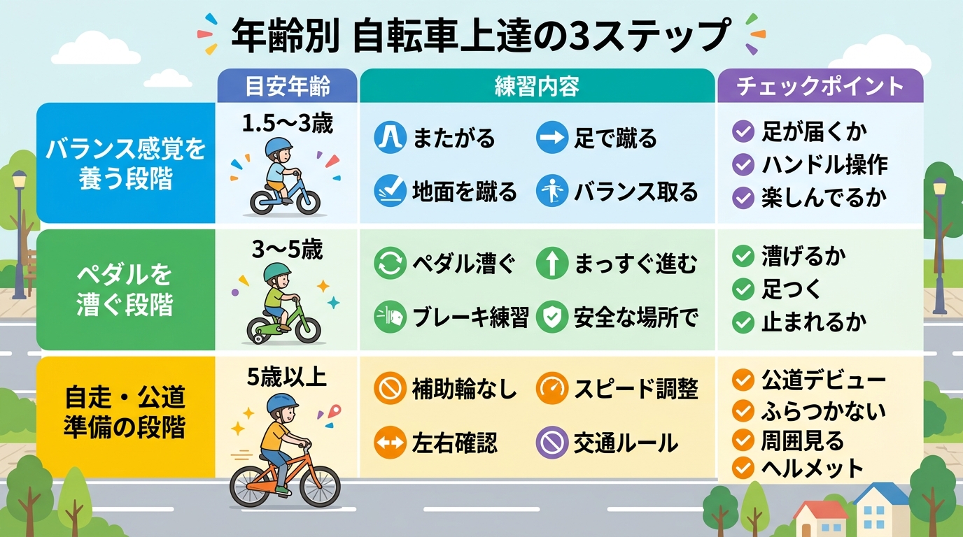 自転車上達のステップを年齢別にまとめた表。「バランス感覚を養う段階」「ペダルを漕ぐ段階」「自走・公道準備の段階」の3段階を行に、目安年齢・練習内容・チェックポイ...