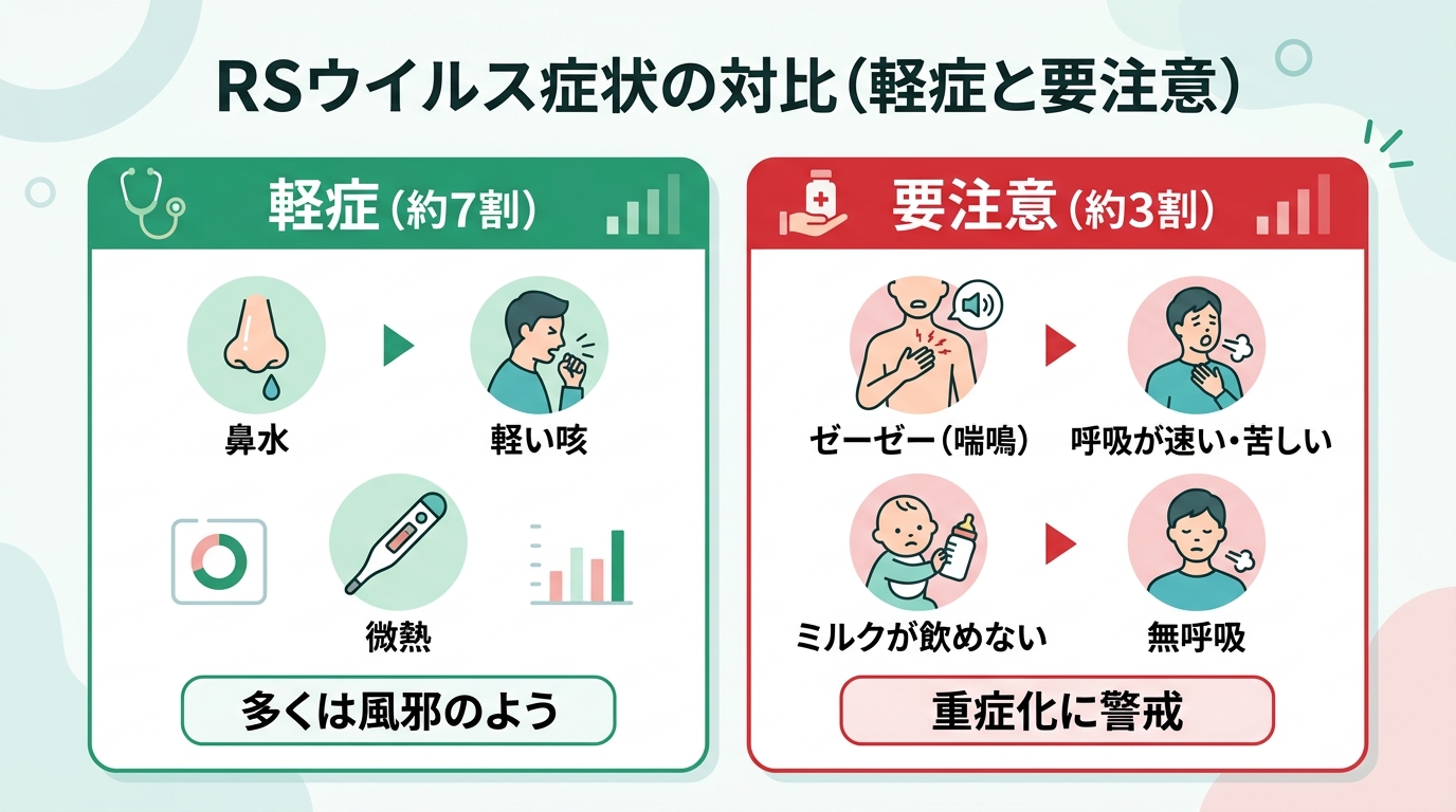 Rsウイルスの症状を「軽症（約7割）」と「要注意（約3割）」の2列で対比した比較表イメージ。軽症列に「鼻水」「軽い咳」「微熱」、要注意列に「ゼーゼー（喘鳴）」「...