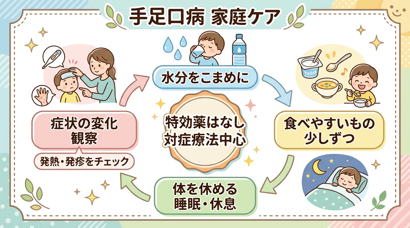 手足口病の家庭ケア4本柱フロー図。「水分をこまめに」「食べやすいものを少しずつ」「体を休める」「症状の変化を観察」の4つを矢印やアイコンで並べる。中央に「特効薬...