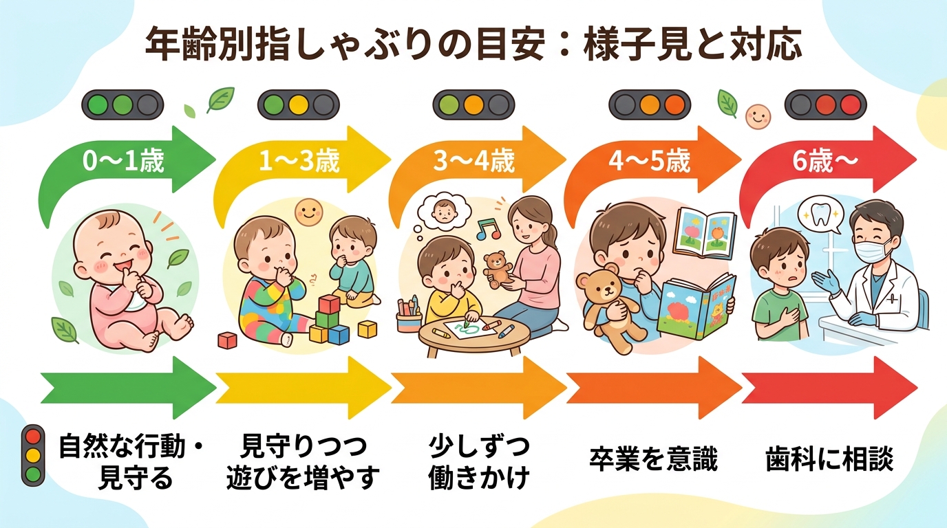 指しゃぶりの年齢別「様子見」と「対応」の目安をまとめたタイムライン型インフォグラフィック。左から「0〜1歳：自然な行動・見守る」「1〜3歳：見守りつつ遊びを増や...