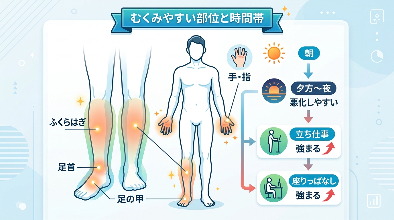 むくみやすい部位と時間帯をまとめた図。体の正面イラストに「ふくらはぎ・足首・足の甲」「手・指」を示し、横に「朝より夕方〜夜に悪化しやすい」「立ち仕事・座りっぱな...