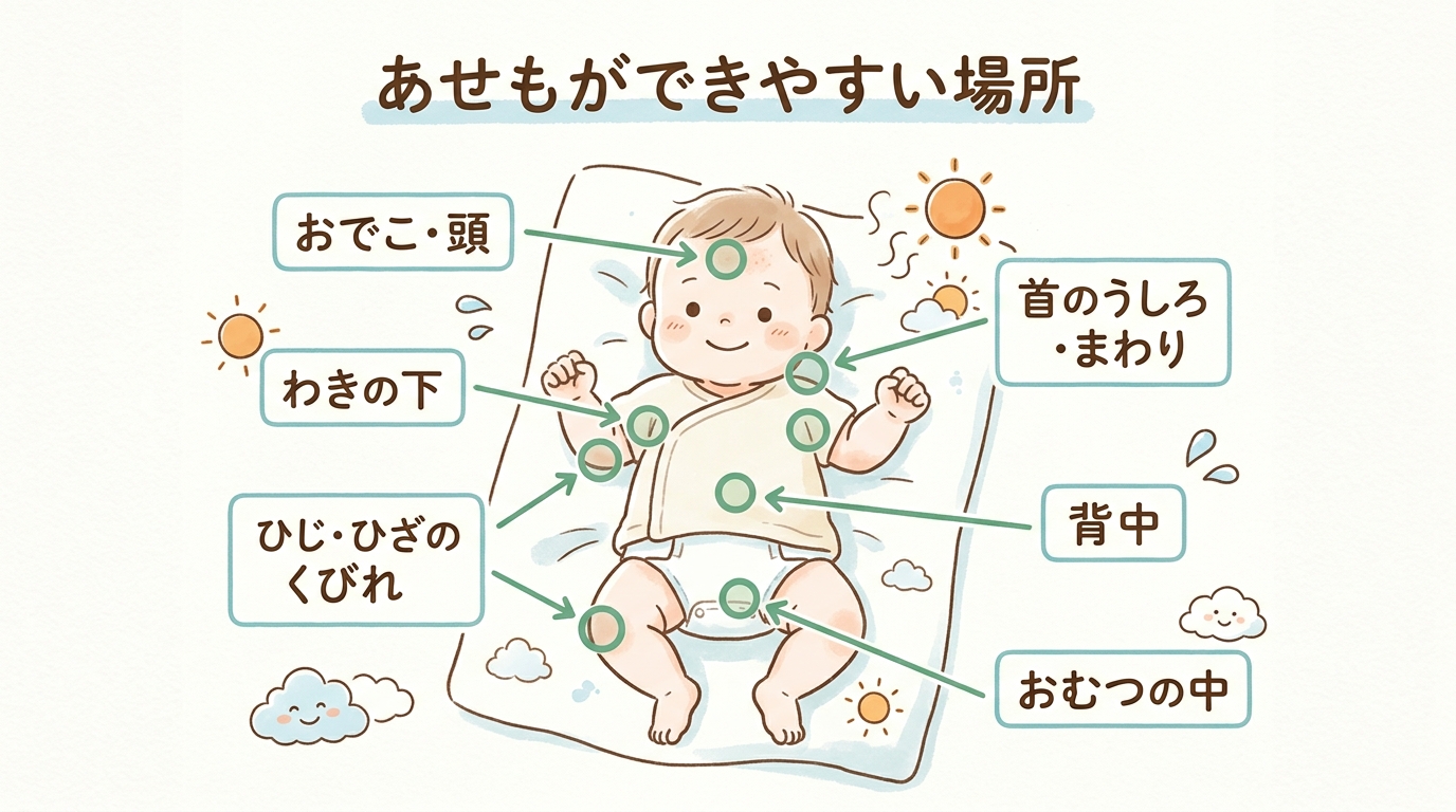 赤ちゃんの全身イラストに、あせもができやすい部位をマーキングした図解。「おでこ・頭」「首のうしろ・首まわり」「わきの下」「ひじ・ひざのくびれ」「背中」「おむつの...