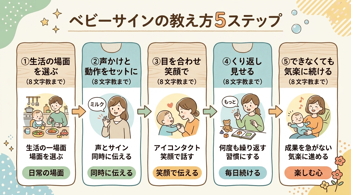 ベビーサインの教え方5ステップのフロー図。「①生活の場面を選ぶ」→「②声かけと動作をセットに」→「③目を合わせ笑顔で」→「④くり返し見せる」→「⑤できなくても気...