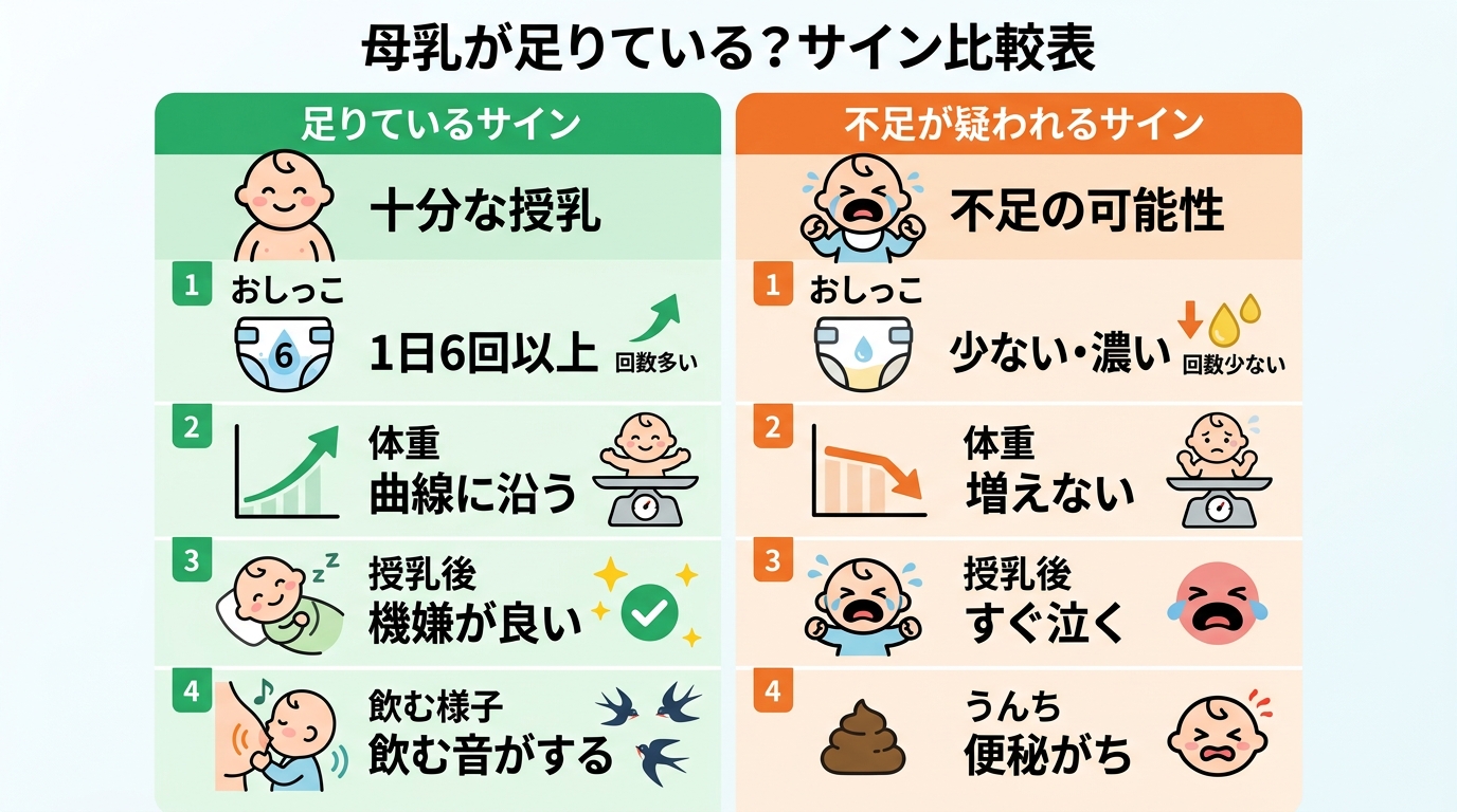 母乳が足りているサインと不足が疑われるサインを左右で対比した比較表イラスト。左列「足りているサイン」（おしっこ1日6回以上／体重が曲線に沿う／授乳後は機嫌が良い...