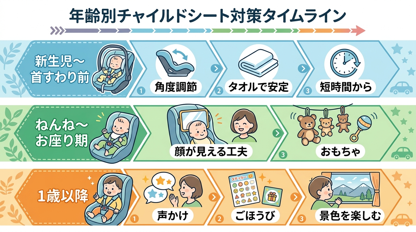 年齢別チャイルドシート対策のタイムライン表。「新生児〜首すわり前：角度・タオルで安定／短時間から」「ねんね〜お座り期：顔が見える工夫・おもちゃ」「1歳以降：声か...