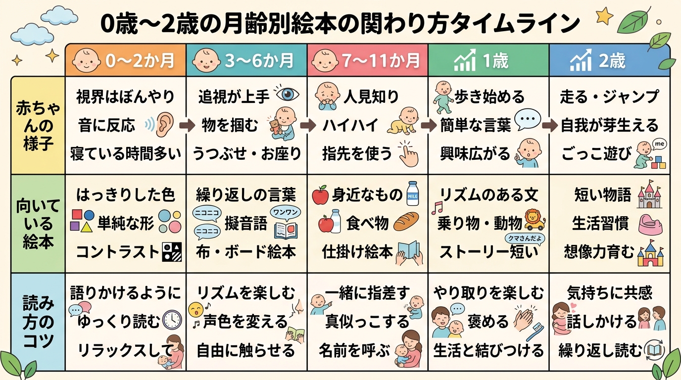0歳〜2歳の月齢別の絵本の関わり方を示すタイムライン表。「0〜2か月」「3〜6か月」「7〜11か月」「1歳」「2歳」の5段階を横に並べ、各段階に「赤ちゃんの様子...