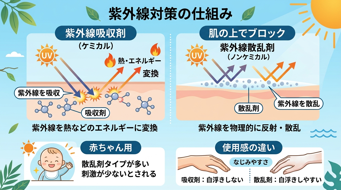紫外線吸収剤と紫外線散乱剤（ノンケミカル）の仕組みを並べた比較インフォグラフィック。左に「紫外線吸収剤（ケミカル）：紫外線を熱などのエネルギーに変換」、右に「紫...
