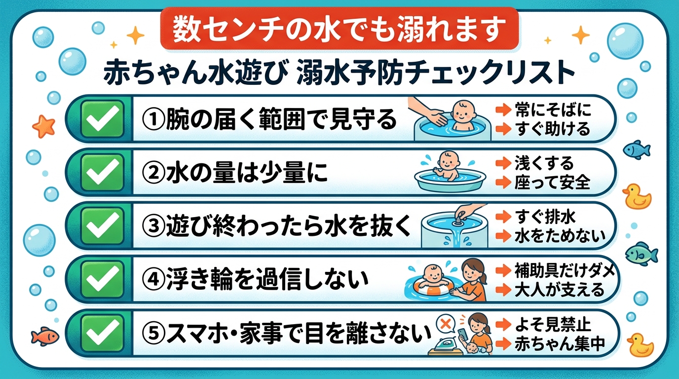 赤ちゃんの水遊びの溺水予防チェックリストを縦に並べたインフォグラフィック。チェックボックス形式で5項目「①腕の届く範囲で見守る」「②水の量は少量に」「③遊び終わ...