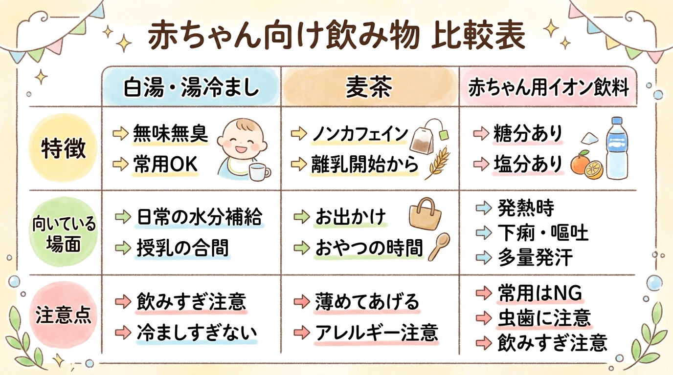 赤ちゃん向け飲み物の比較表イラスト。「白湯・湯冷まし」「麦茶」「赤ちゃん用イオン飲料」の3列を並べ、各列に「特徴」「向いている場面」「注意点」の3行ラベル。白湯...