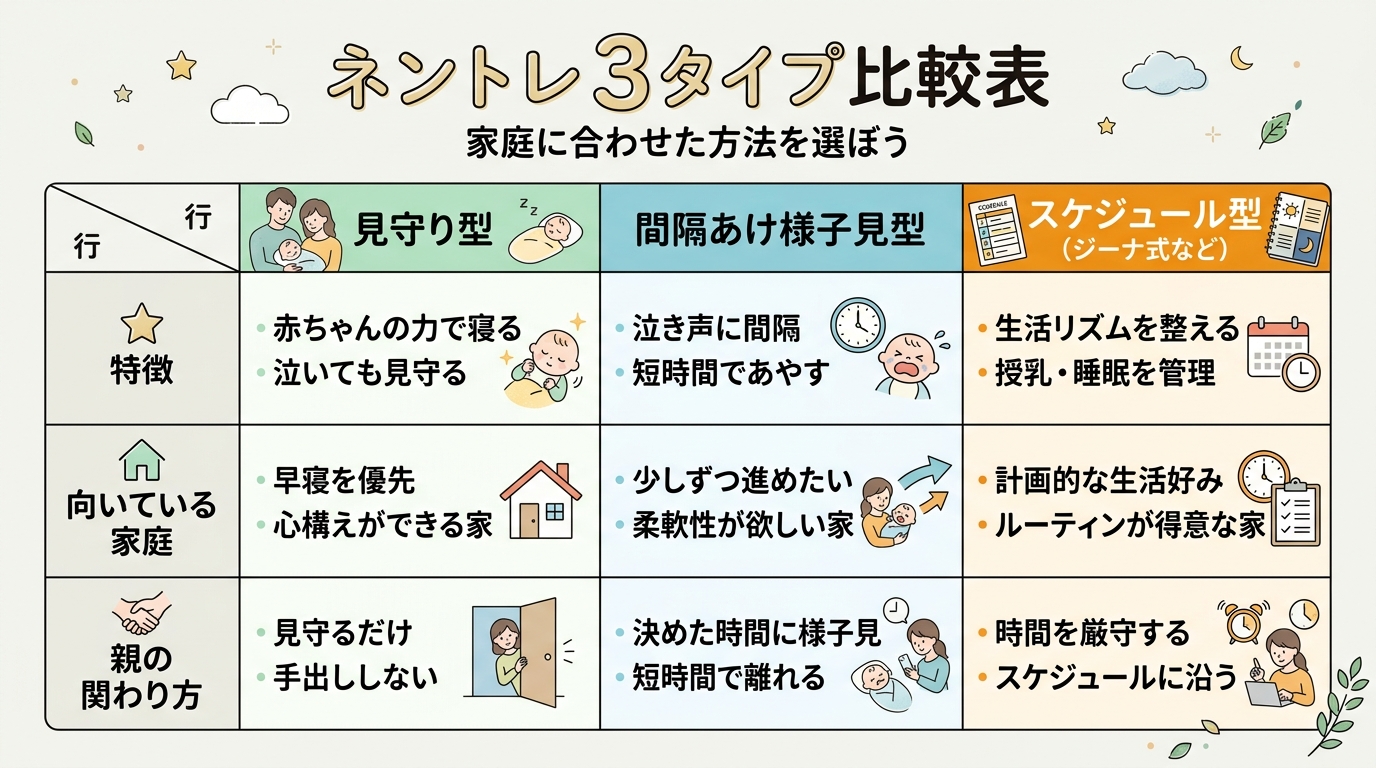 ネントレの3タイプを比較した表イメージ。比較項目「特徴」「向いている家庭」「親の関わり方」を行に、「見守り型」「間隔をあけて様子見る型」「スケジュール型（ジーナ...