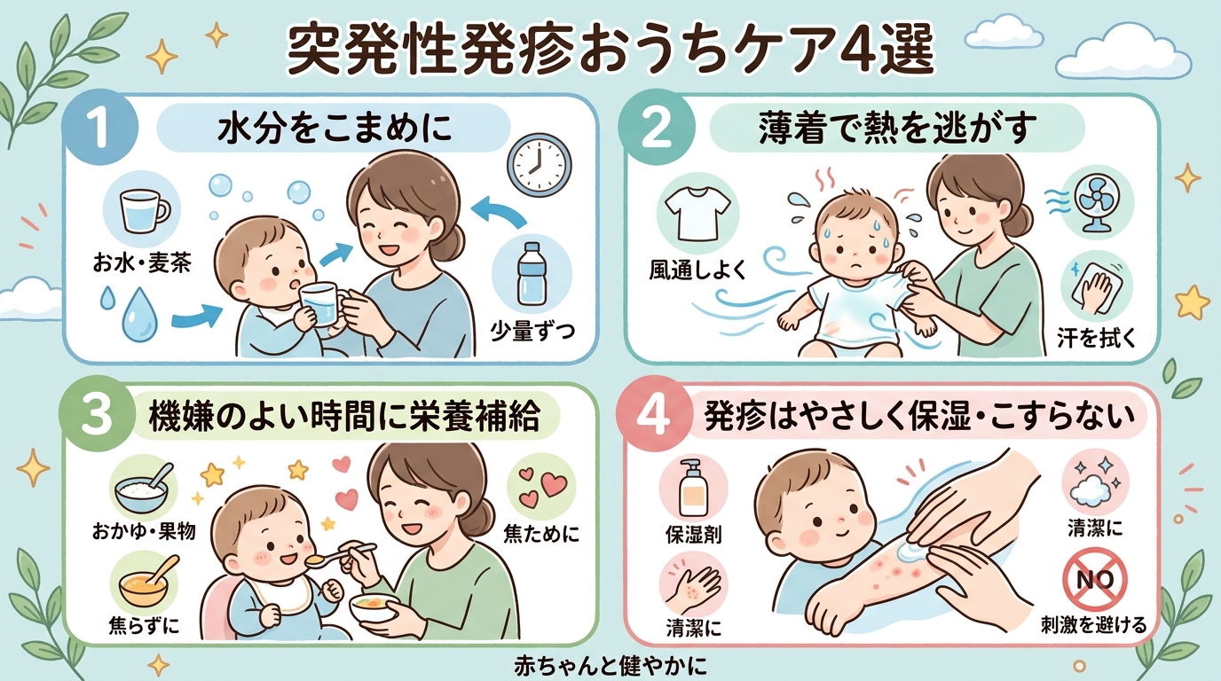 突発性発疹のおうちケア4選インフォグラフィック。「水分をこまめに」「薄着で熱を逃がす」「機嫌のよい時間に栄養補給」「発疹はやさしく保湿・こすらない」の4枠を、赤...