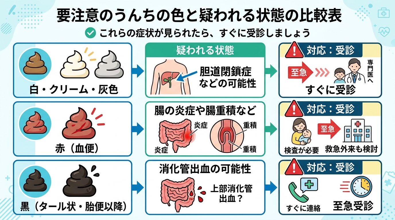 要注意のうんちの色と疑われる状態を対応づけた比較表イメージ。「白・クリーム・灰色→胆道閉鎖症などの可能性」「赤（血便）→腸の炎症や腸重積など」「黒（タール状・胎...