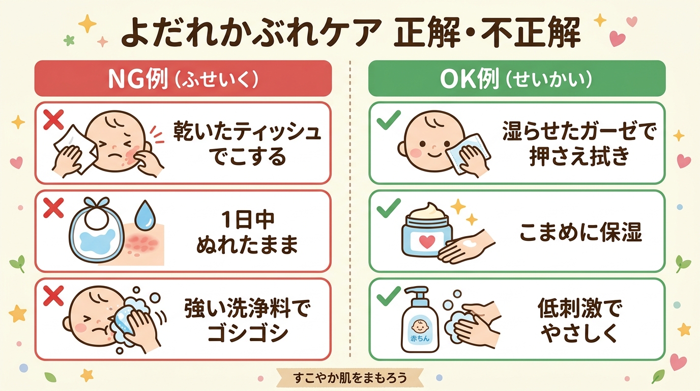 よだれかぶれケアのng例とok例を2列で対比した比較表イメージ。ng列「乾いたティッシュでこする」「1日中ぬれたまま」「強い洗浄料でゴシゴシ」、ok列「湿らせた...