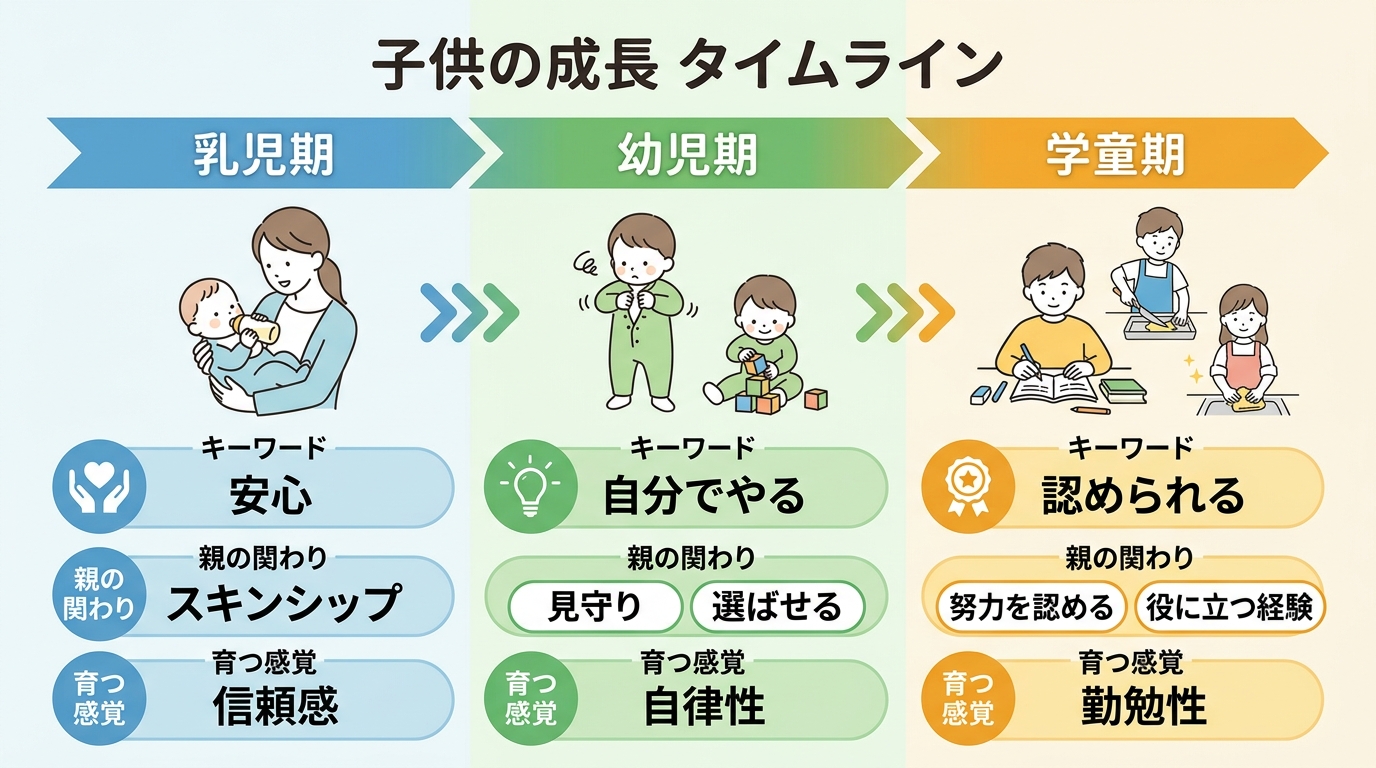 乳児期→幼児期→学童期の3段階タイムライン図。各段階に「キーワード（安心・自分でやる・認められる）」「親の関わり」「育つ感覚」の日本語ラベル。乳児期＝スキンシッ...