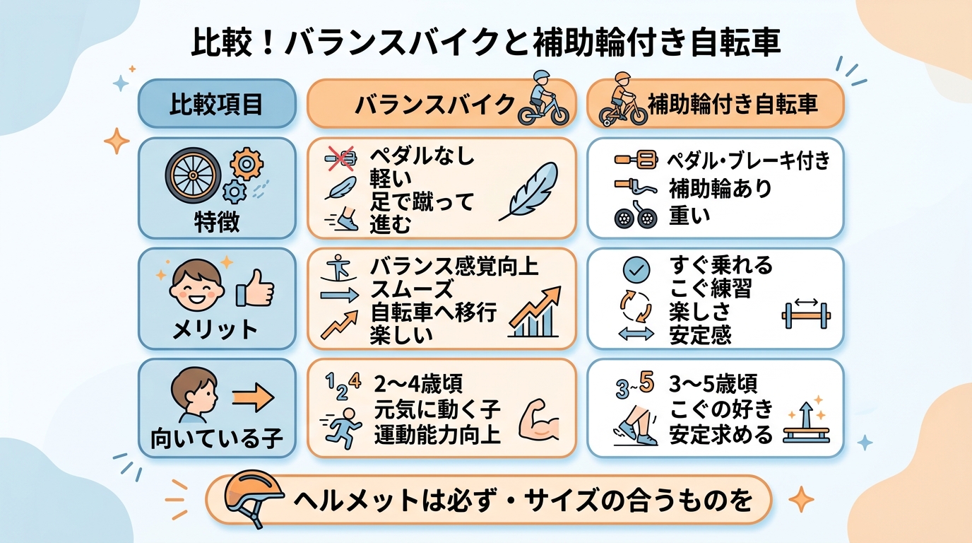 バランスバイクと補助輪付き自転車を比較した表イメージ。比較項目「特徴」「メリット」「向いている子」を行に、「バランスバイク」「補助輪付き自転車」を列に配置し、各...