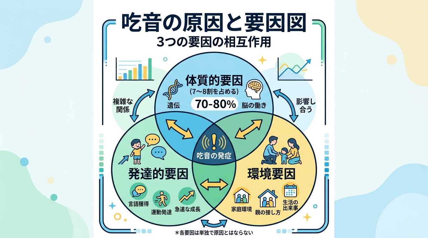 吃音の原因を示す図。「体質的要因（7〜8割を占める）」「発達的要因（ことば・運動などの急速な発達）」「環境要因（周囲との関係や生活の出来事）」の3要素が互いに影...