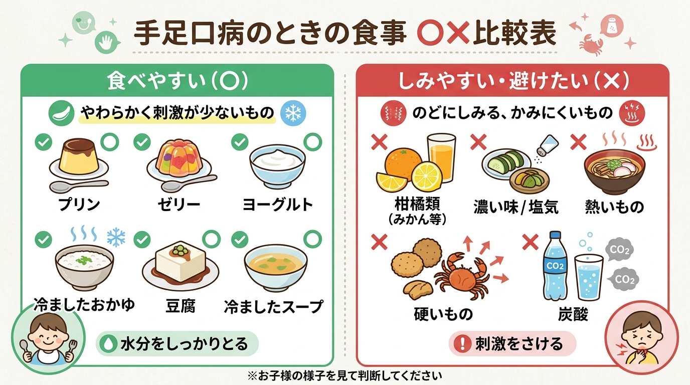 手足口病のときの食事〇✕比較表イラスト。左列「食べやすい（〇）」にプリン・ゼリー・ヨーグルト・冷ましたおかゆ・豆腐・冷ましたスープのイラストと日本語ラベル。右列...