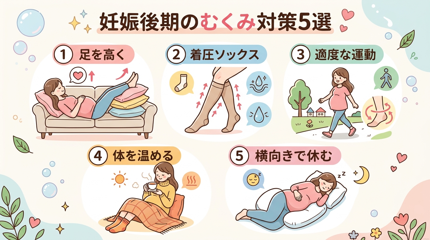 妊娠後期のむくみ対策を5つ並べたインフォグラフィック。「足を心臓より高くして休む」「着圧ソックスを活用」「適度に歩く・足首を回す」「体を冷やさない」「横向きで休...