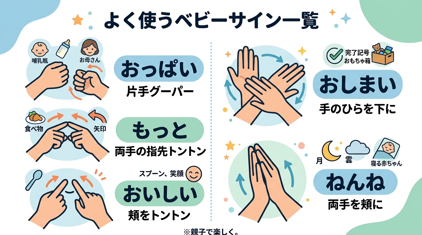 よく使うベビーサイン一覧のイラスト図解。「おっぱい（片手グーパー）」「もっと（両手の指先トントン）」「おいしい（頬をトントン）」「おしまい（手のひらを下に）」「...