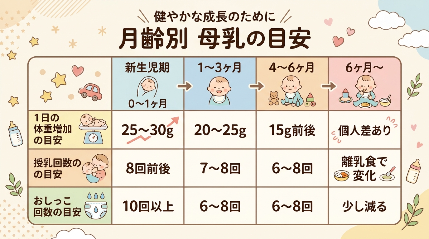 月齢別の母乳の目安テーブルのイラスト。横軸に「新生児期（0〜1ヶ月）」「1〜3ヶ月」「4〜6ヶ月」「6ヶ月〜」の4段階、縦項目に「1日の体重増加の目安」「授乳回...