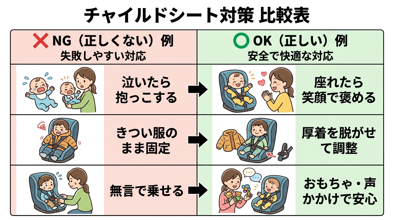 チャイルドシート対策のng例とok例を2列で対比した比較表イメージ。ng列「泣いたら抱っこする」「きつい服のまま固定」「無言で乗せる」、ok列「座れたら笑顔で褒...